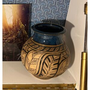Susan Brown Freeman Pottery Leaf Vase Blue Tan Signed Artisan Stoneware 5.5 Inch